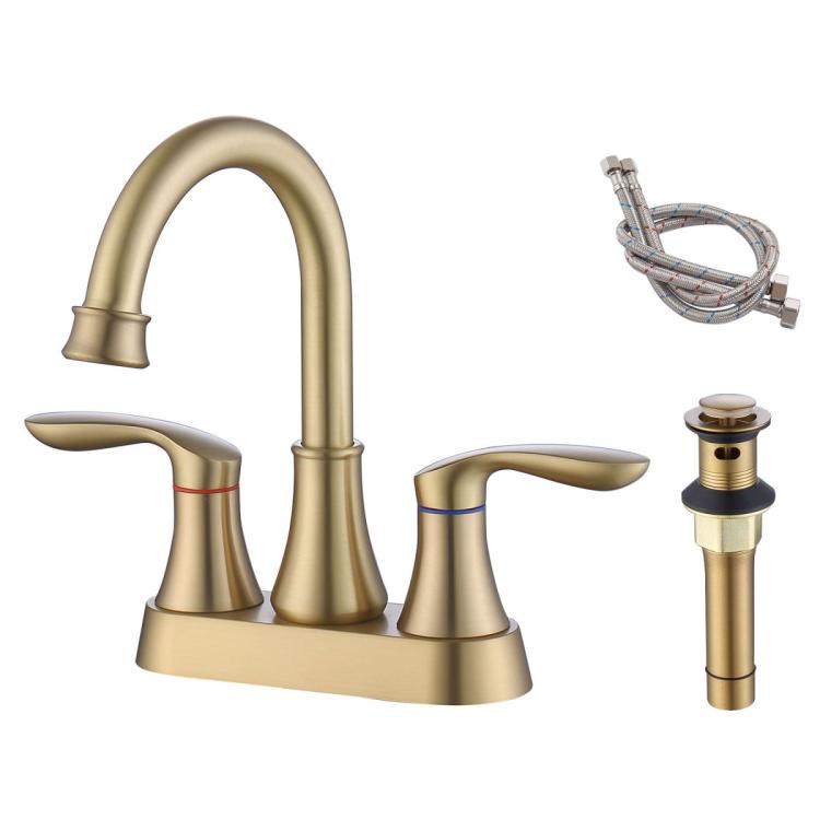 Brushed gold 2-handle bathroom faucet with high-arc swivel spout and pop-up drain