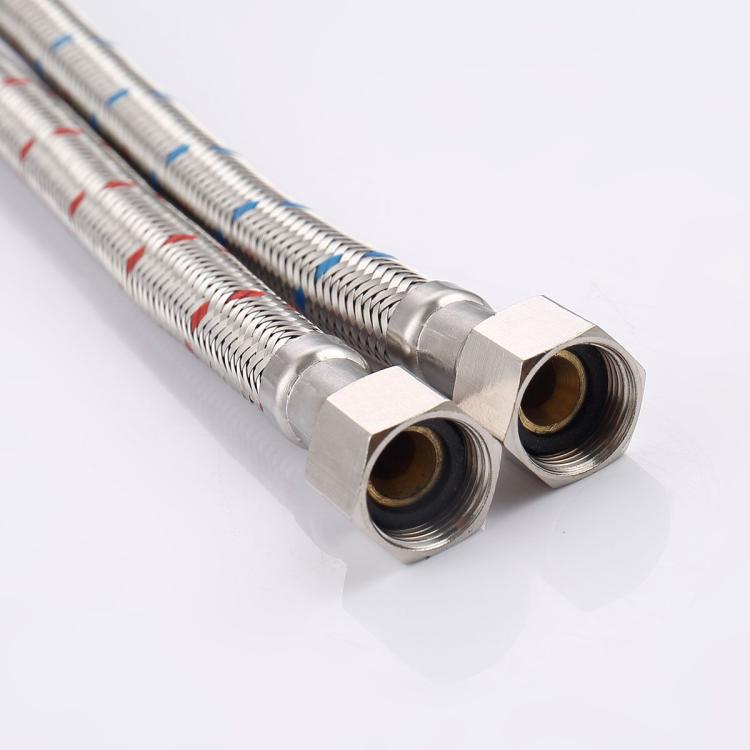 Brushed gold braided supply hoses with metal connectors for bathroom faucet
