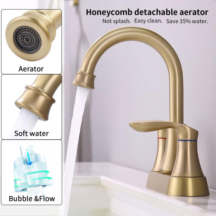 Brushed gold faucet aerator with water flow details and detachable honeycomb screen