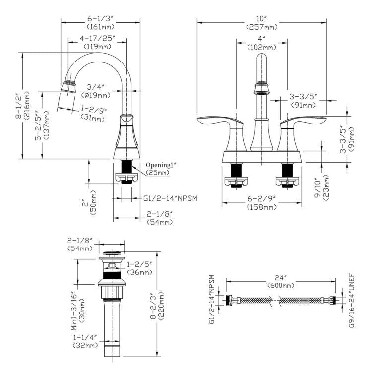Brushed gold bathroom faucet technical line drawing with measurements and dimensions
