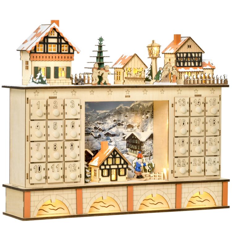 Light-up wooden Christmas advent calendar with numbered drawer compartments and village houses