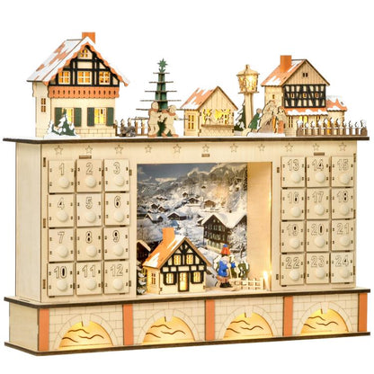 Light-up wooden Christmas advent calendar with numbered drawer compartments and village houses