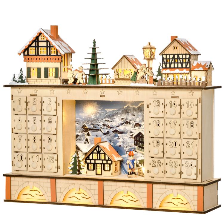 Wooden Christmas advent calendar with countdown drawers, village scene, and lit lanterns