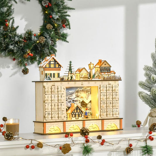 Light-up wooden advent calendar featuring a village winter scene and numbered doors
