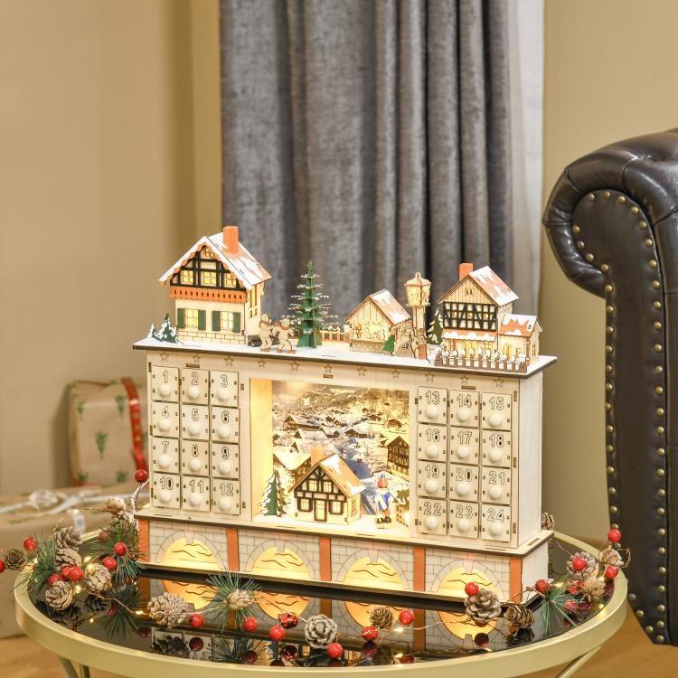 Wooden Christmas advent calendar with illuminated center window and numbered countdown drawers