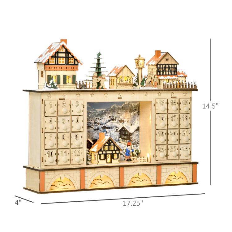 Wooden light-up Christmas advent calendar, front view with numbered drawer compartments
