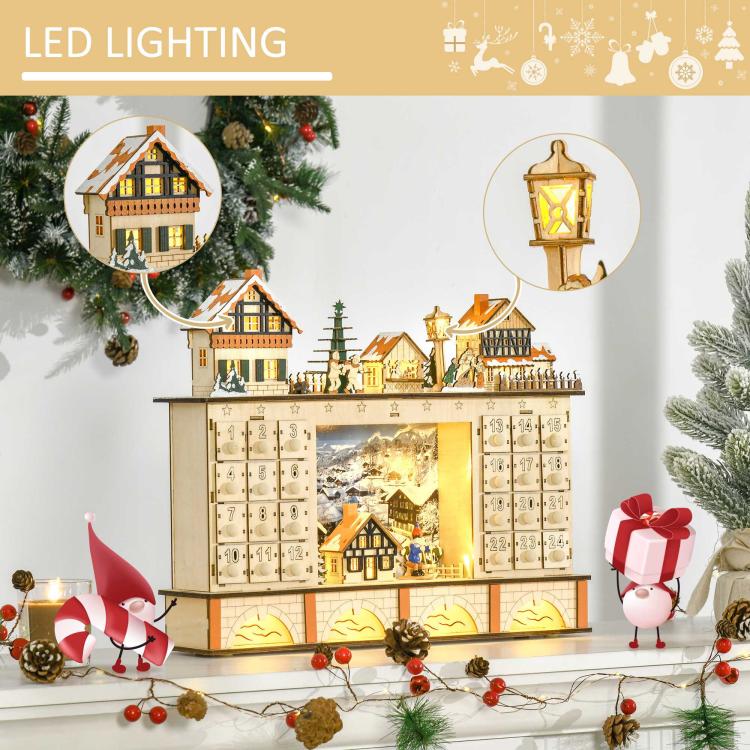 Wooden LED light-up advent calendar with lantern feature and numbered drawer doors