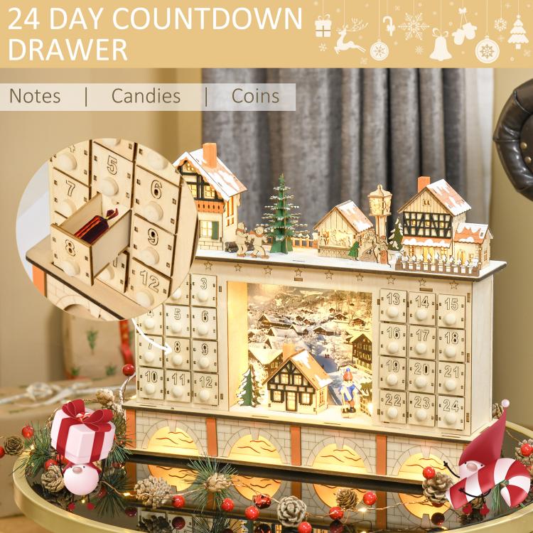 24-day countdown wooden advent calendar with open drawer sections and village mini buildings