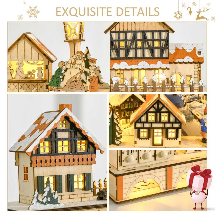 Wooden Christmas advent calendar close-up details: lit houses, lanterns, and numbered panels