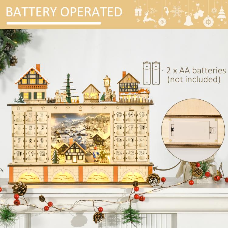 Battery-operated wooden LED advent calendar with 24 numbered drawer compartments
