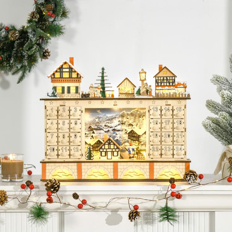 Wooden light-up Christmas advent calendar with village houses, numbered drawers, and warm glow