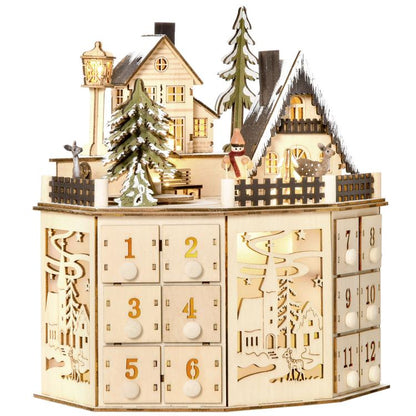 Wooden light-up Christmas advent calendar with 12 numbered drawers and village houses