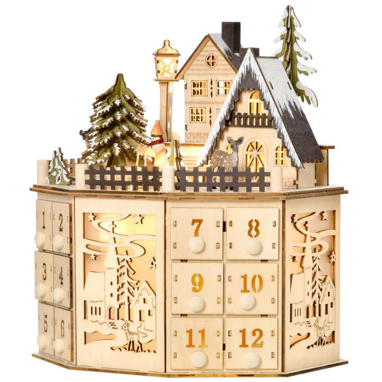 Wooden light-up Christmas advent calendar showing numbered drawer doors and festive village