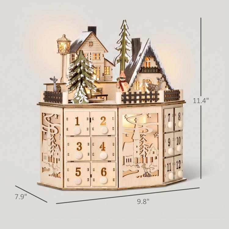 Wooden Christmas advent calendar with 12 numbered drawer doors and decorative village scene