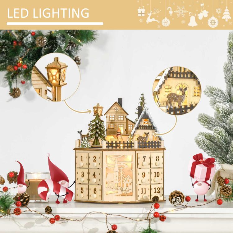 Wooden light-up Christmas advent calendar with village lights and numbered countdown drawers