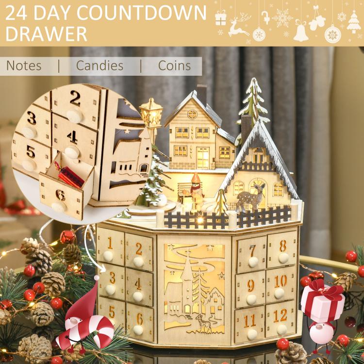 Wooden Christmas advent calendar with side drawer showing countdown and numbered slots