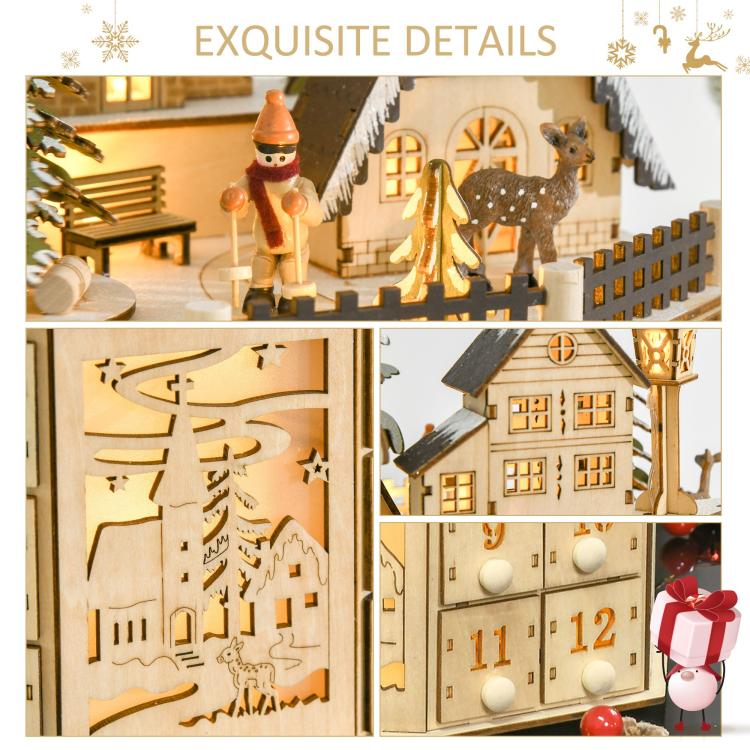 Wooden Christmas advent calendar with detailed house cutouts and numbered drawer panels
