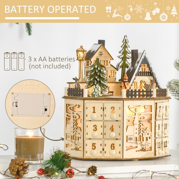 Wooden battery-powered light-up Christmas advent calendar with 12 numbered drawers