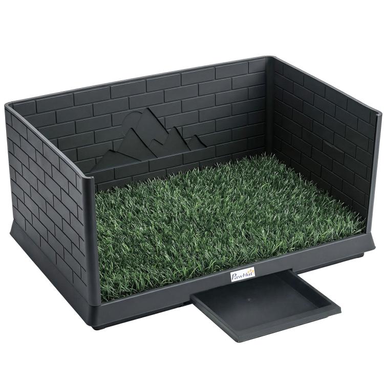 Black faux-brick high-wall potty pad with artificial grass and front waste tray, PawHut