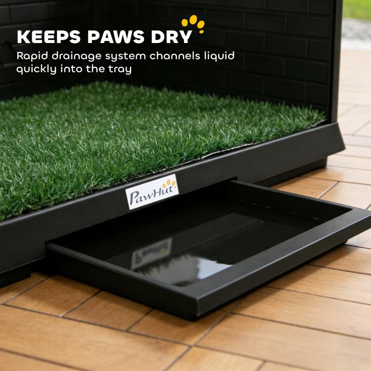 Dog grass potty tray with pull-out drain tray, showing liquid collection at base