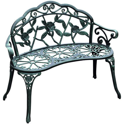 Green cast aluminum garden bench with ornate rose-and-leaf scroll back and openwork seat