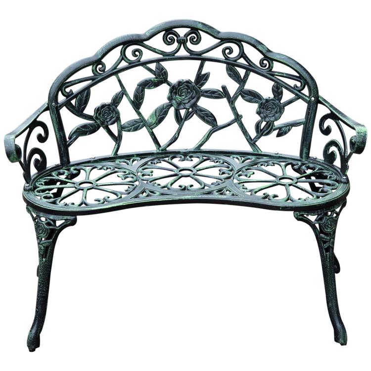 Green metal garden bench with rose floral backrest scrollwork and decorative lattice seat
