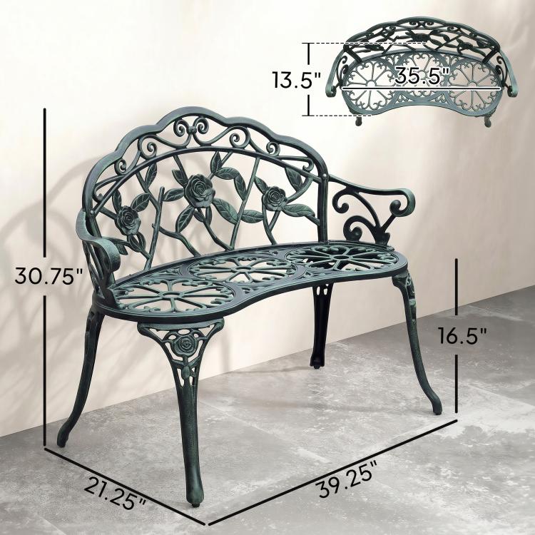Green ornamental cast aluminum bench with rose backrest and decorative cutout seat