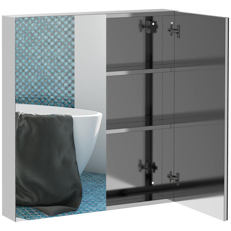 Wall-mounted mirrored medicine cabinet with stainless frame, double doors, and interior shelves.
