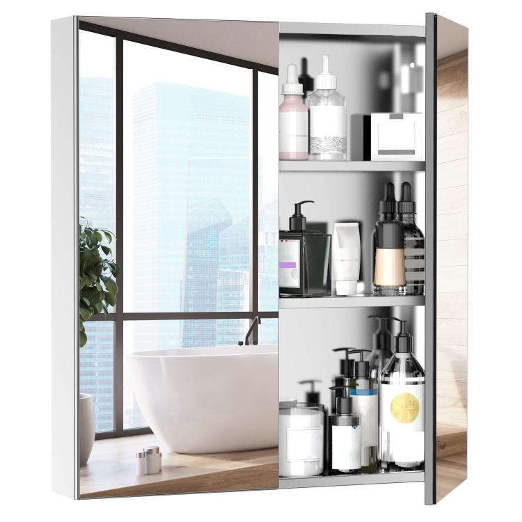 Wall-mounted mirrored medicine cabinet with double doors open to show multi-tier storage shelves.