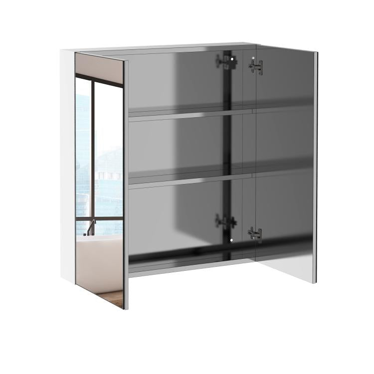 Mirrored medicine cabinet with stainless frame, double doors, visible shelves
