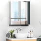 Wall-mounted mirrored medicine cabinet with two reflective doors and visible internal shelves.
