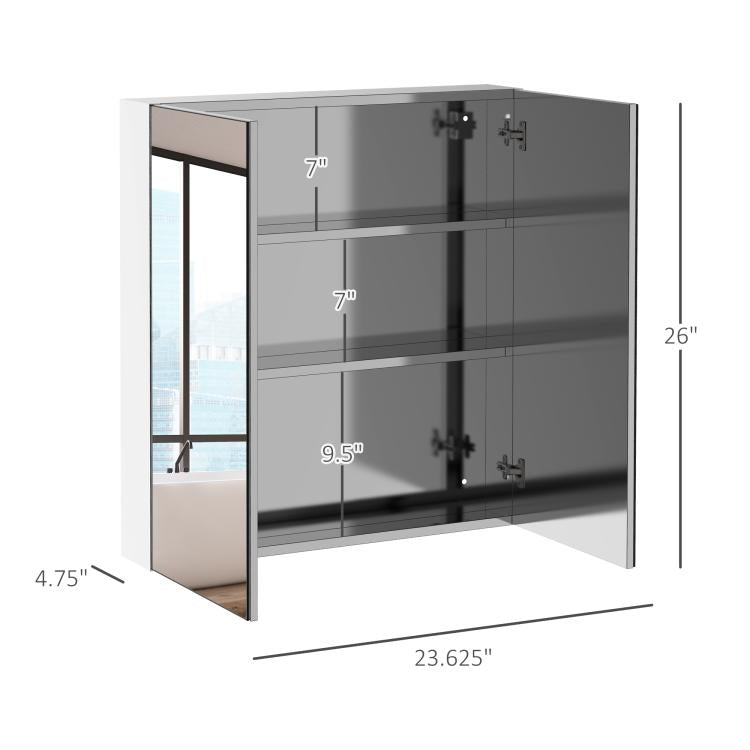 Bathroom mirrored cabinet with stainless frame, double doors, and built-in storage shelves.