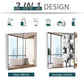 Silver framed mirrored cabinet with storage interior behind double doors.