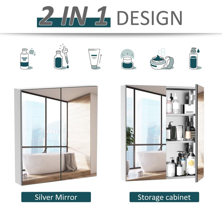 Silver framed mirrored cabinet with storage interior behind double doors.
