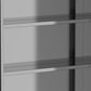 Close-up of mirrored medicine cabinet doors with stainless frame and vertical seams.