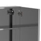 Close-up of mirrored cabinet double doors with stainless frame hinges and handles.