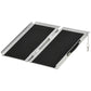 Folded aluminum wheelchair ramp with black non-slip surface and carrying chain