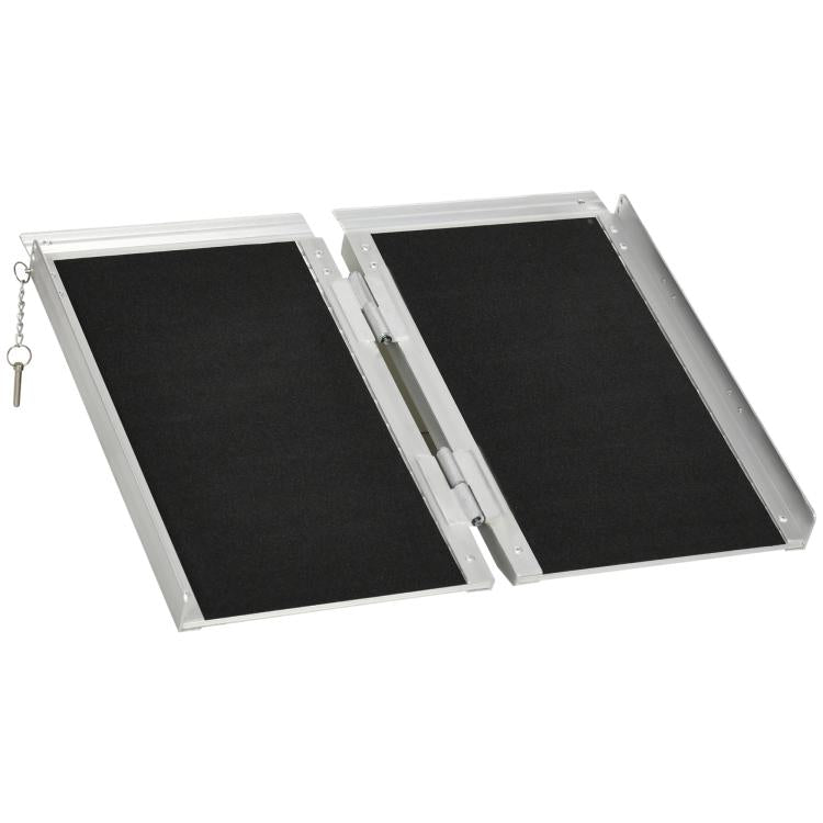 Aluminum folding wheelchair ramp with two panels, black non-slip surface, and hinge