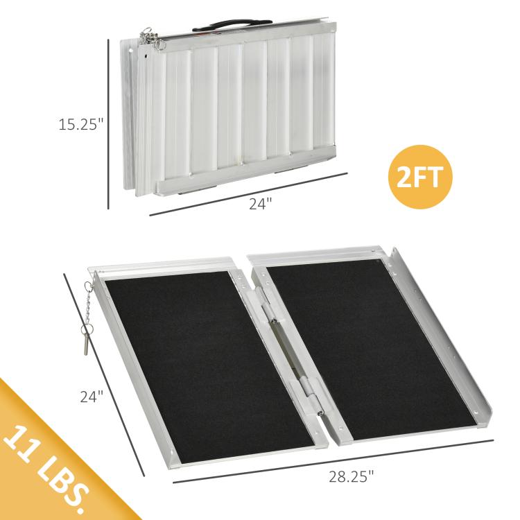 2 ft aluminum folding wheelchair ramp, black non-slip surface on two panels