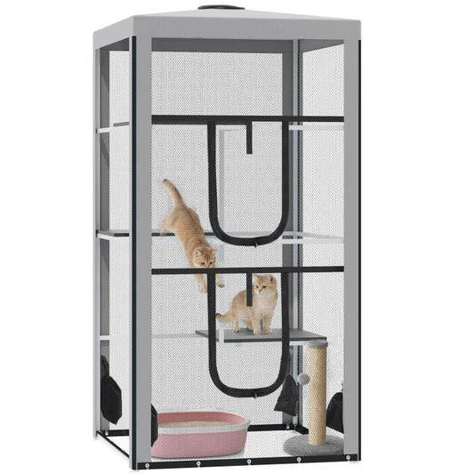 Gray steel-framed cat playpen with mesh enclosure and three elevated platforms