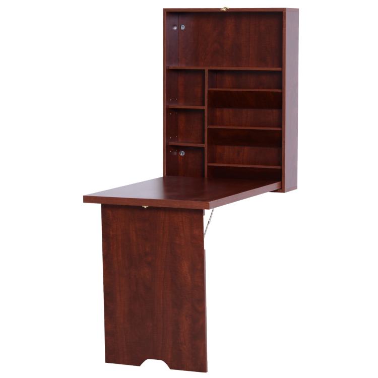 Mahogany wall-mounted fold-out desk with open shelves and tabletop