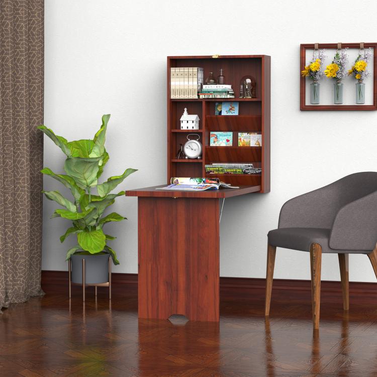 Wall-mounted mahogany desk with open shelves and front fold-out tabletop