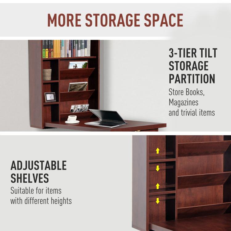 Mahogany fold-out wall desk with adjustable shelves and partitioned storage area