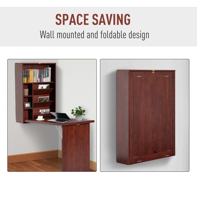 Wall-mounted fold-out desk in mahogany, shown open with tabletop and closed door
