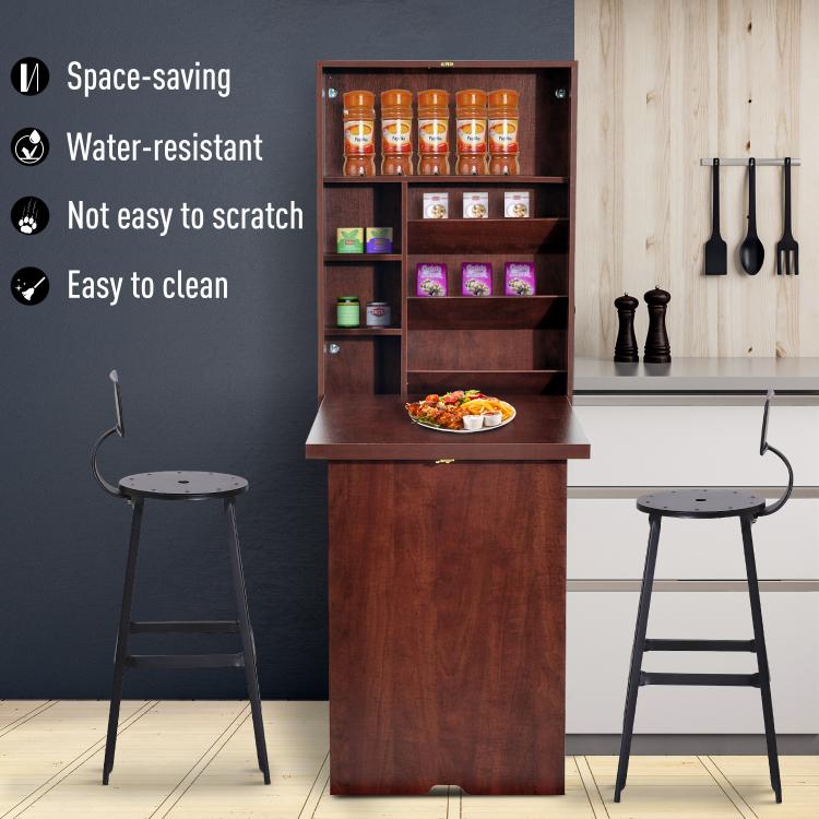 Mahogany wall desk with food-storage shelves, fold-out counter, kitchen utensils nearby