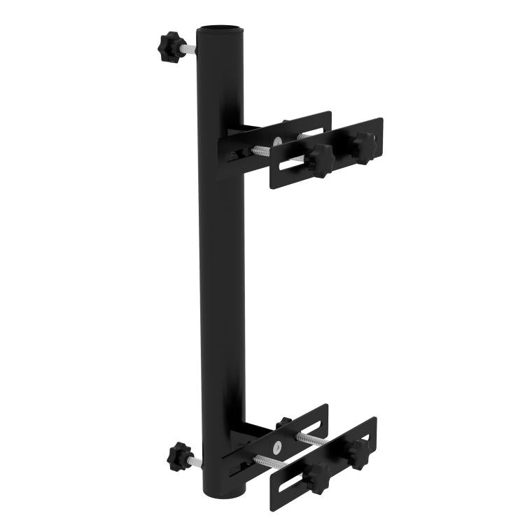 Black umbrella deck mount bracket with two adjustable clamps on railing post