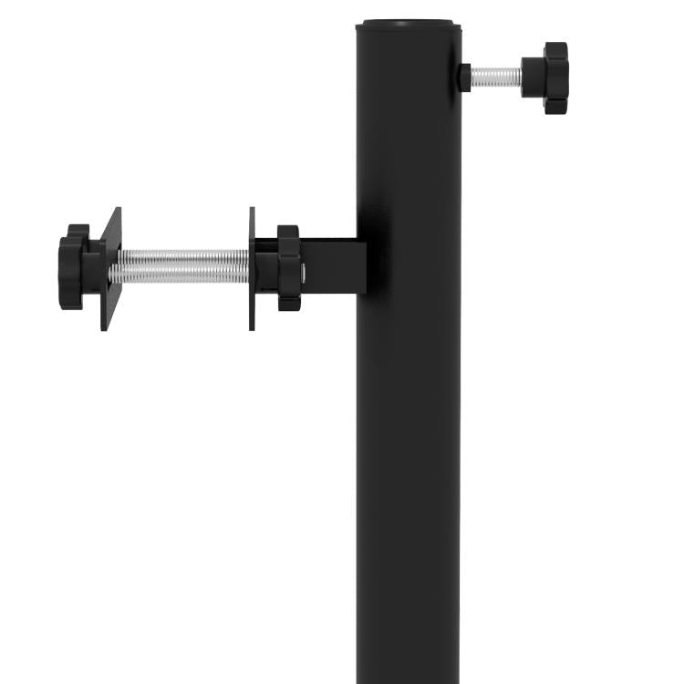Black umbrella holder stand with threaded clamp rod and wing knob