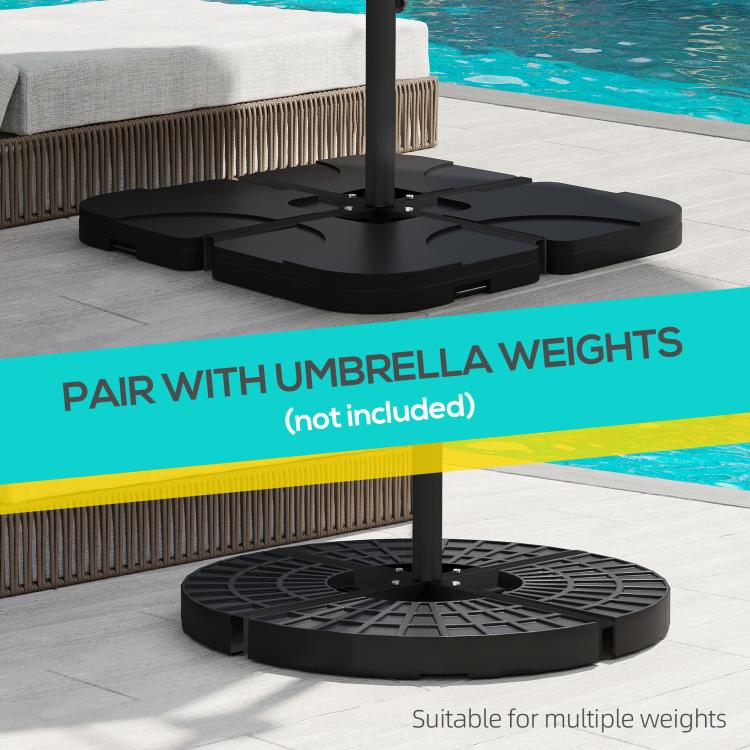 Black umbrella cross base with flat weight plates arranged around the pole