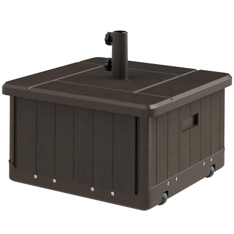Brown outdoor umbrella base with open top and umbrella pole mounting post