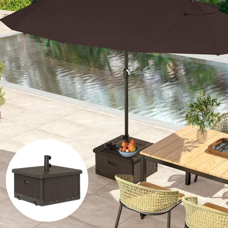 Brown umbrella base end table with umbrella pole and planter opening, 3-in-1 design